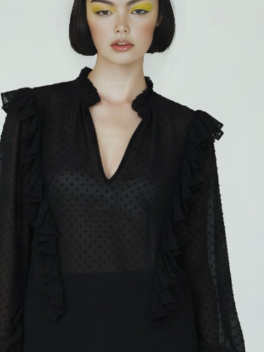 J. Crew Swiss Dot Ruffled Shoulder Blouse in Black Size XXL